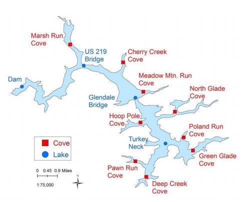 Map showing physical and chemical sampling station locations across Deep Creek Lake