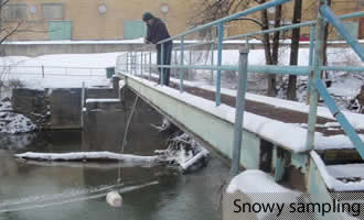 Eyes on the Bay field crew performing snowy water sampling at North Branch of Patapsco River